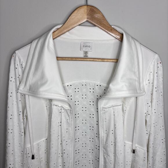 Cupio Full Zip Sweater Lrg White Eyelet Cowl Neck Drawstring Swing Shape Tunic - Picture 7 of 12